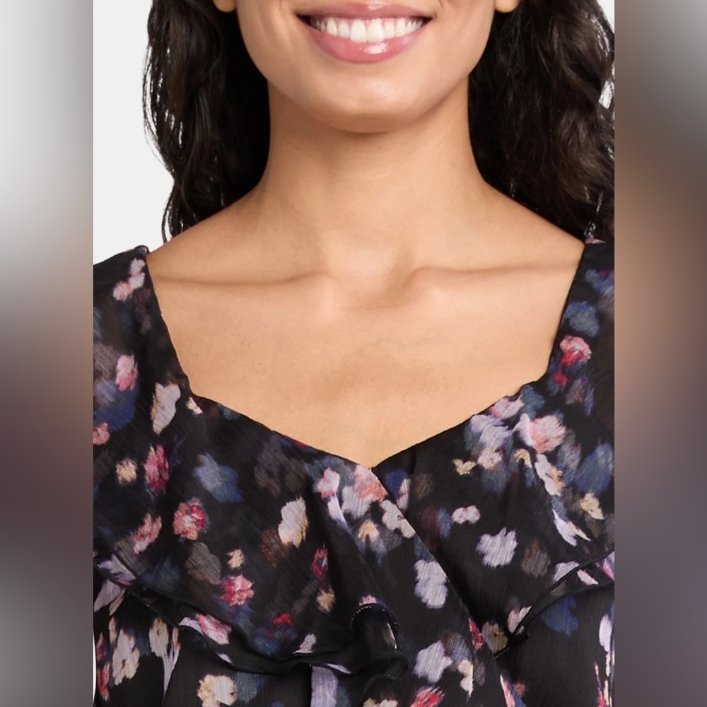 TIME & TRU RUFFLE WRAP CHIFFON SWIRLING FLORAL BLACK BLOUSE TOP NEW - Picture 2 of 6
